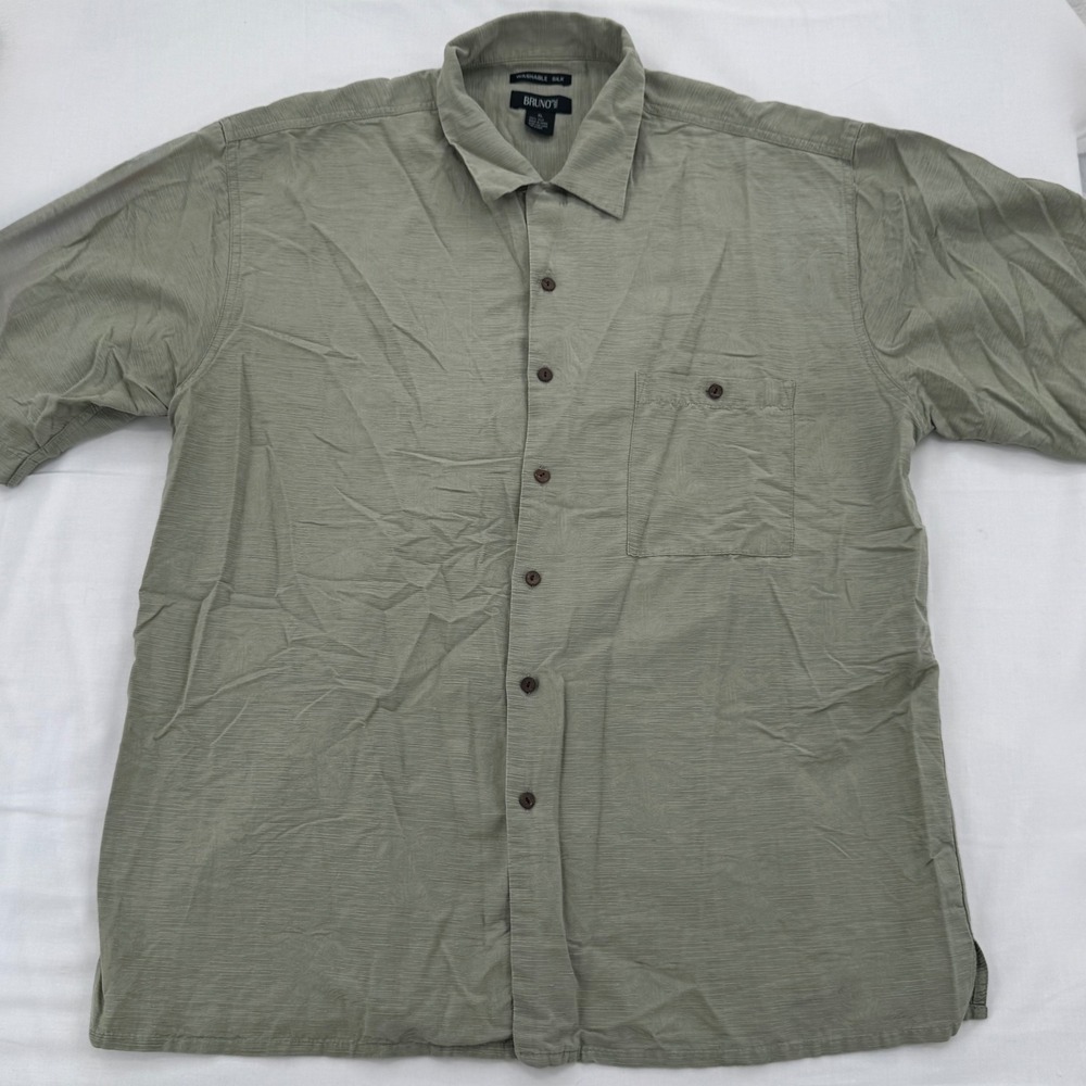 Bruno Mens XL Washable 100% Silk Button Down Shirt Sage Green Jacquard Palm Tree